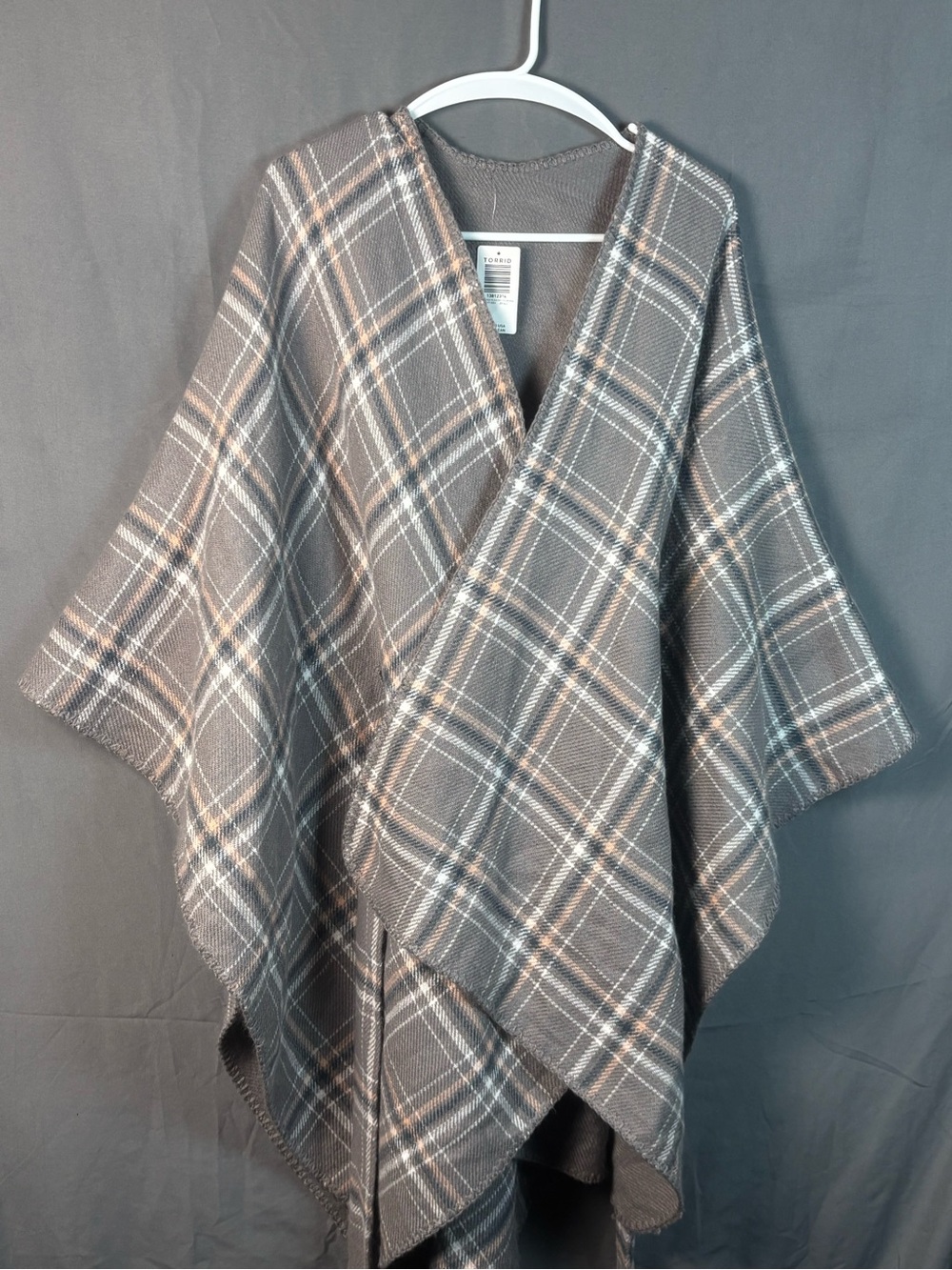 torrid | Women’s Gray Wrap Poncho | Gray, White, Yellow, and Peach Plaid Design